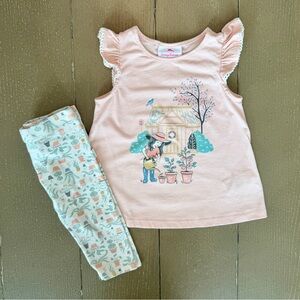 Toddler Girls Spring Garden Outfit 2-Piece Set w/ Plant Print Leggings • Size 2T